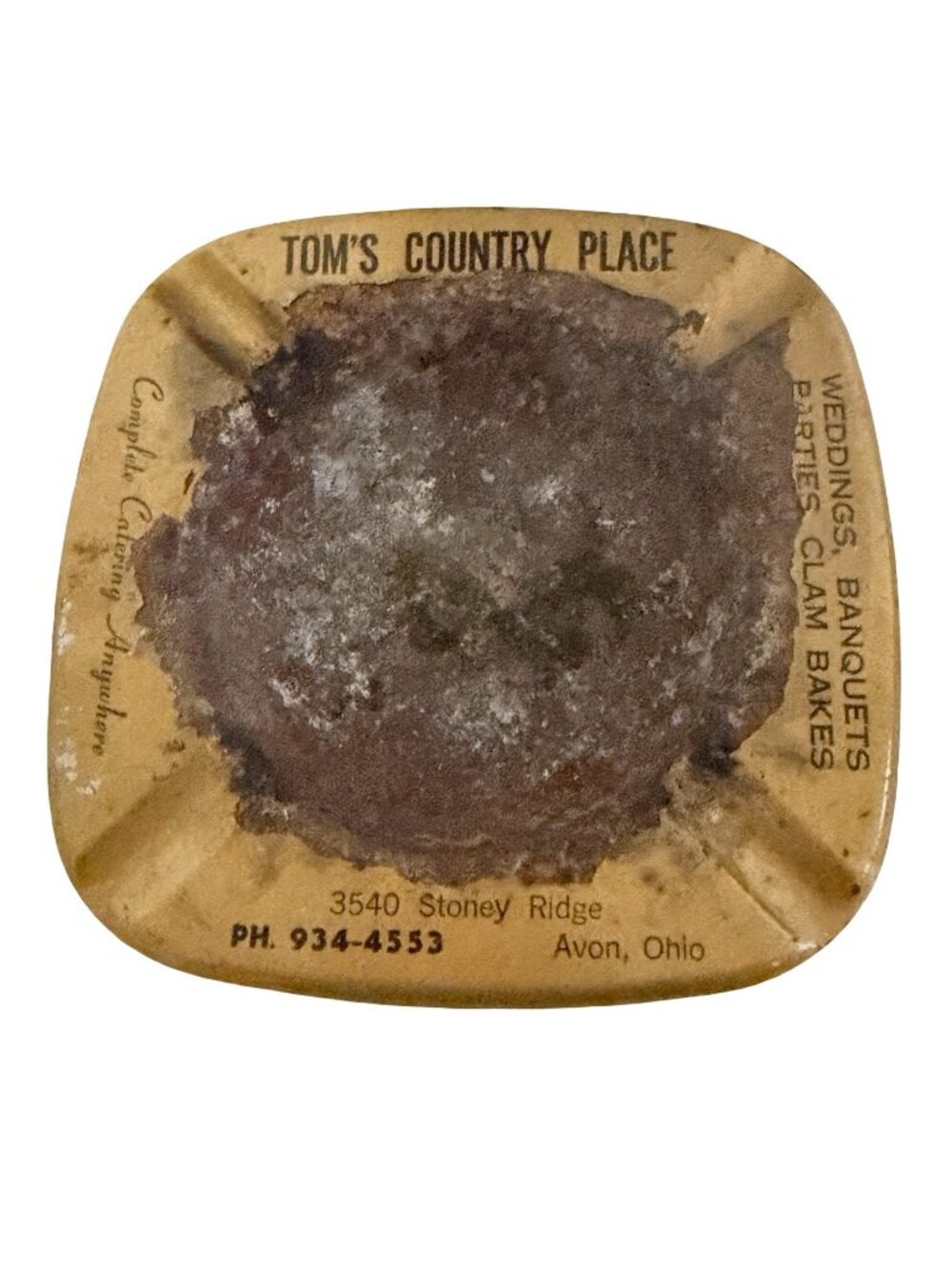 Vintage Tom’s Country Place Avon Ohio Metal Advertising Ashtray Catering Clam Ba